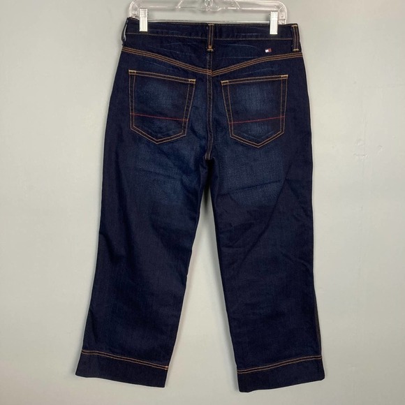 TOMMY Hilfiger Dark Wash Wide Leg Cropped Jeans Women's Size 2 Light Distressing - Picture 8 of 12